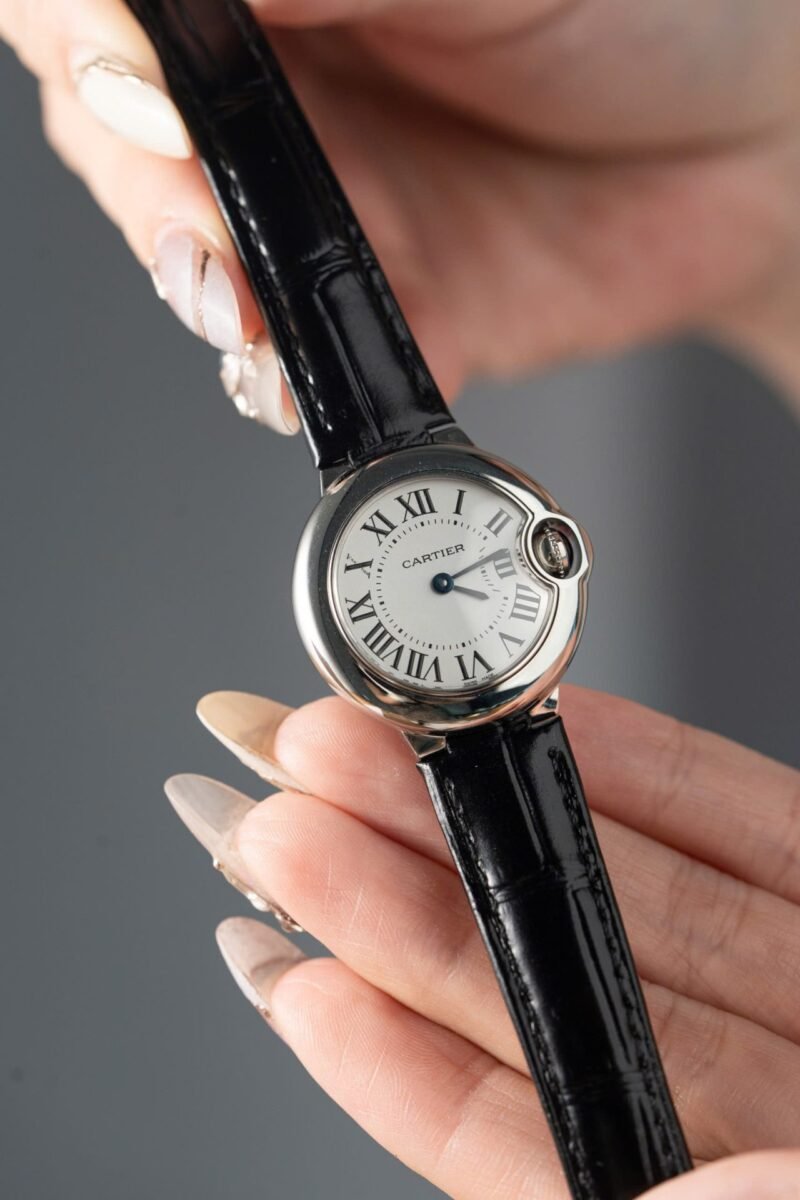 Cartier Ballon Bleu Women's Replica 11 Watch White Dial Black Leather Strap 28mm - Đồng Hồ Replica 1:1