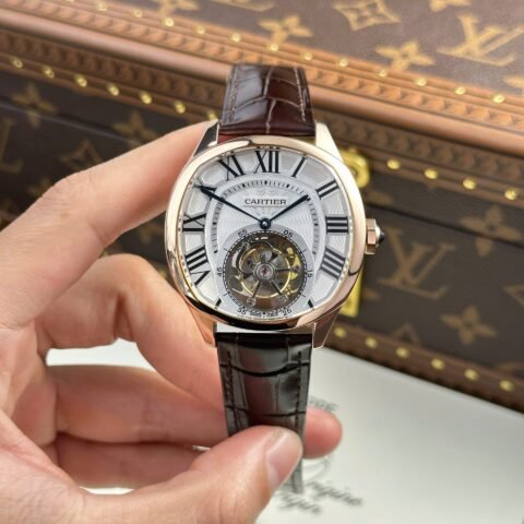 Cartier Drive Tourbillon Replica Watch Dial Guiloche Motif Leather Strap 41mm - Đồng Hồ Replica 1:1