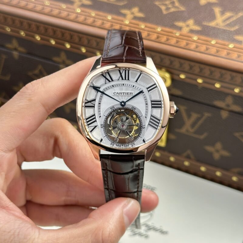 Cartier Drive Tourbillon Replica Watch Dial Guiloche Motif Leather Strap 41mm - Đồng Hồ Replica 1:1