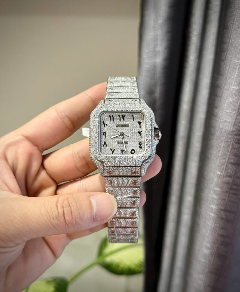Cartier Santos Arabic Numeral Best Replica Watch Moissanite Diamonds Hong Kong 39.8mm - Đồng Hồ Replica 1:1
