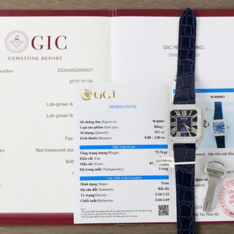Cartier Santos Best Copies Watch Dial Blue Custom Diamonds Moissanite Hong Kong 39.8mm - Đồng Hồ Replica 1:1