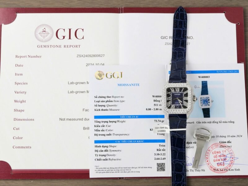 Cartier Santos Best Copies Watch Dial Blue Custom Diamonds Moissanite Hong Kong 39.8mm - Đồng Hồ Replica 1:1