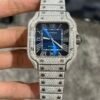 Cartier Santos Best Replica Watch Custom Moissanite Diamonds Blue Dial 39.8mm - Đồng Hồ Replica 1:1