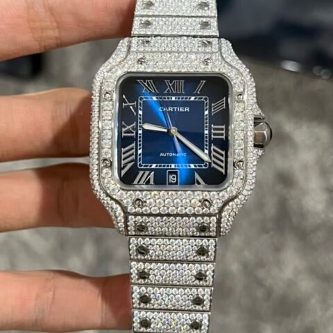 Cartier Santos Best Replica Watch Custom Moissanite Diamonds Blue Dial 39.8mm - Đồng Hồ Replica 1:1
