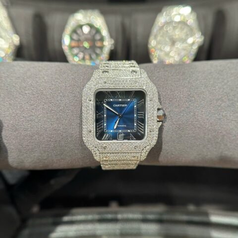 Cartier Santos Best Replica Watch With Full Natural Diamond VVS Blue Dial 39.8mm - Đồng Hồ Replica 1:1