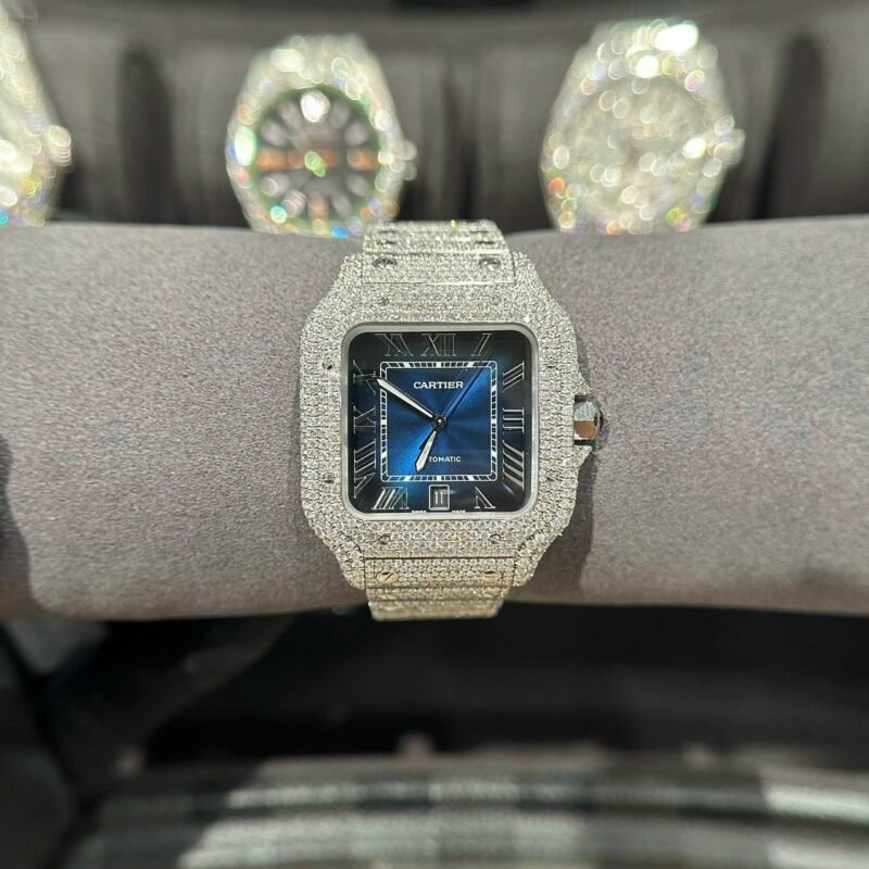 Cartier Santos Best Replica Watch With Full Natural Diamond VVS Blue Dial 39.8mm - Đồng Hồ Replica 1:1
