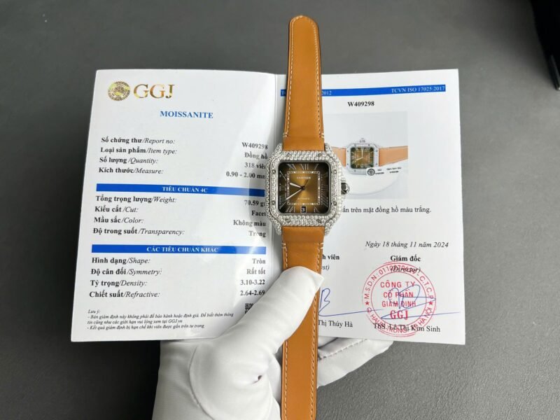 Cartier Santos Dial Brown Replica Watches Custom Diamonds Moissanite BV Factory 39.8mm - Đồng Hồ Replica 1:1