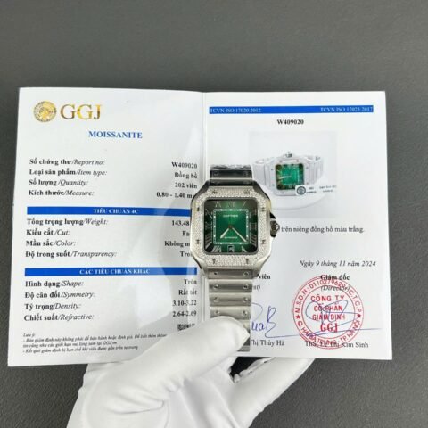 Cartier Santos Green Copies Watch Custom Diamonds Moissanite BV Factory 39.8mm - Đồng Hồ Replica 1:1