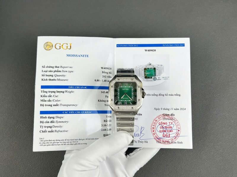 Cartier Santos Green Copies Watch Custom Diamonds Moissanite BV Factory 39.8mm - Đồng Hồ Replica 1:1