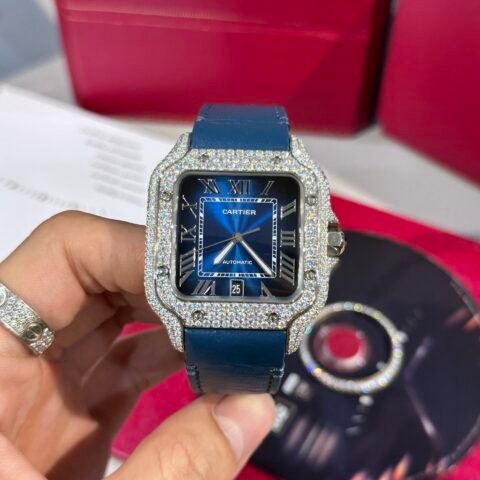Cartier Santos Replica Watch Blue Dial Custom Moissanite Diamonds 39.8mm - Đồng Hồ Replica 1:1