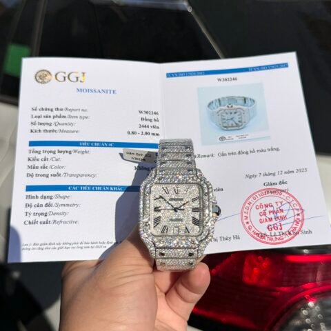Cartier Santos Replica Watch Full Diamond Moissanite Hong Kong 39.8mm - Đồng Hồ Replica 1:1