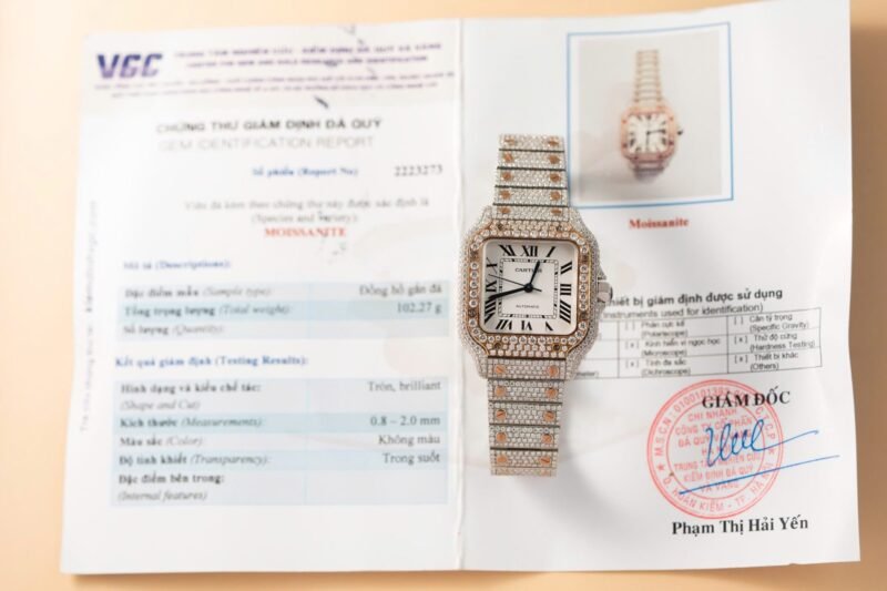Cartier Santos Replica Watch With Full Diamond Moissanite Hong Kong 35mm - Đồng Hồ Replica 1:1