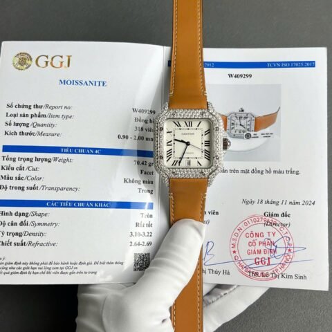 Cartier Santos White Dial Replica Watch Custom Diamonds Moissanite BV Factory 39.8mm - Đồng Hồ Replica 1:1