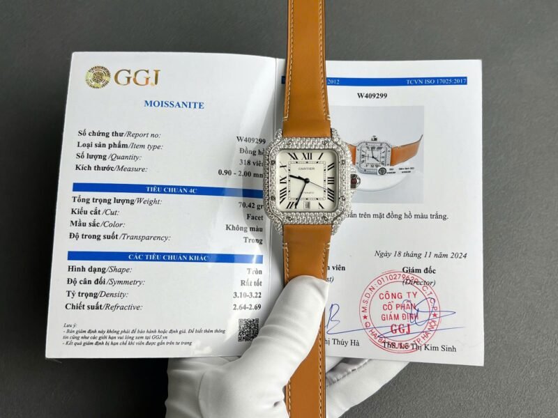 Cartier Santos White Dial Replica Watch Custom Diamonds Moissanite BV Factory 39.8mm - Đồng Hồ Replica 1:1