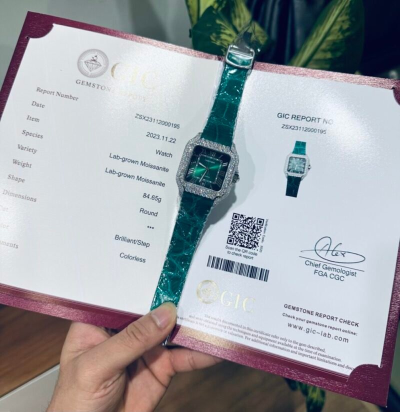 Cartier Santos With Green Moissanite Replica Watch 39.8mm - Đồng Hồ Replica 1:1