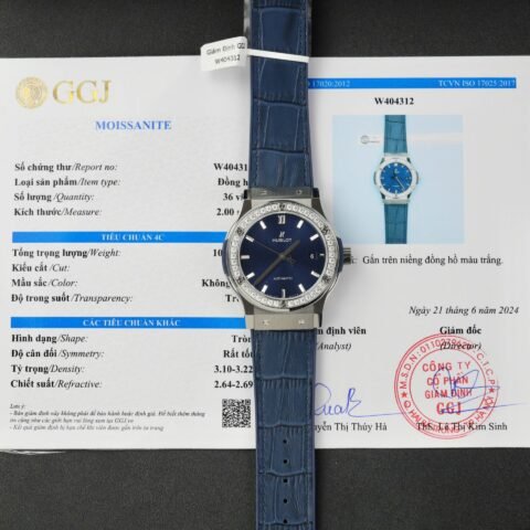 Hublot Classic Fusion Titanium Replica Watches Blue Dial Custom Moissanite Diamonds 42mm - Đồng Hồ Replica 1:1