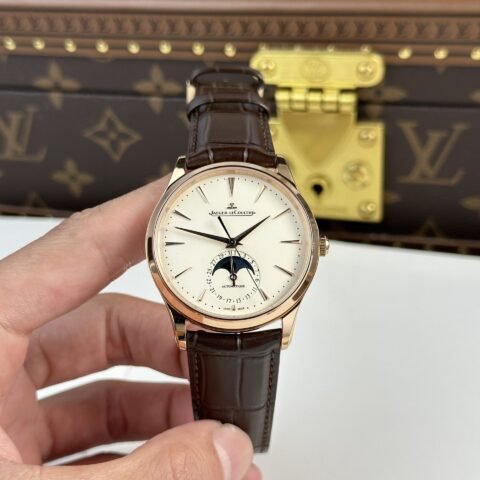 Jaeger LeCoultre Replica Watch Master Ultrathin Moon Rose Gold Leather Strap 39mm - Đồng Hồ Replica 1:1
