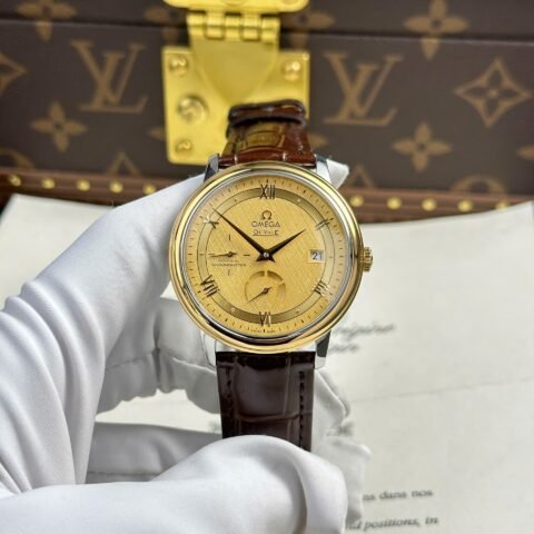 Omega De Ville Prestige Power Reserve Replica 11 Watch Yellow Dial Leather Strap 39.5mm - Đồng Hồ Replica 1:1