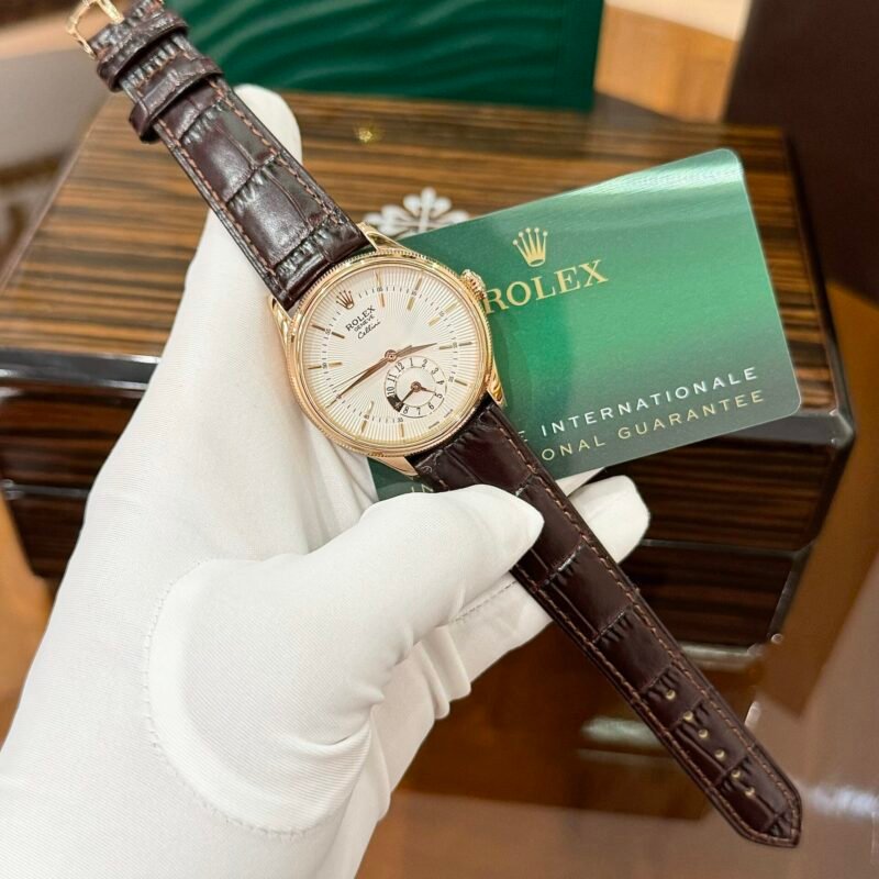 Rolex Cellini 50525 Replica Watch Rose Gold Brown Strap 39mm - Đồng Hồ Replica 1:1