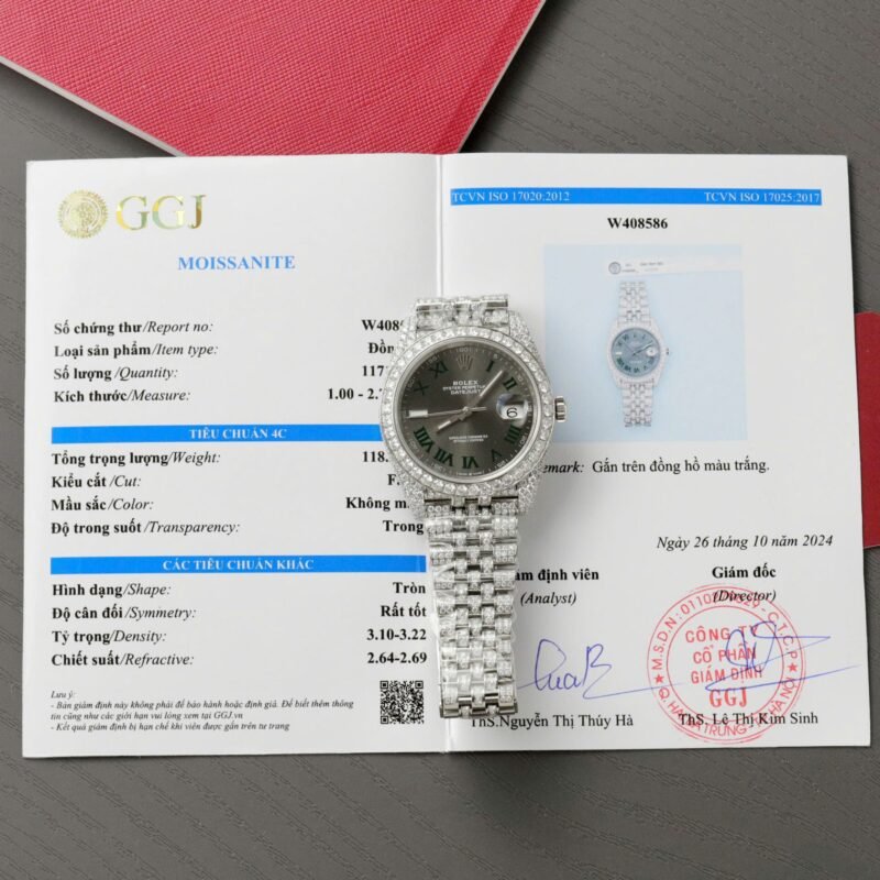 Rolex DateJust Best Copies Watch Dial Wimbledon Custom Full Moissanite Diamonds 41mm - Đồng Hồ Replica 1:1