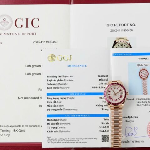 Rolex DateJust Women Custom Gold Wrapped + Ruby Baguette + Diamonds Moissanite 31mm - Đồng Hồ Replica 1:1
