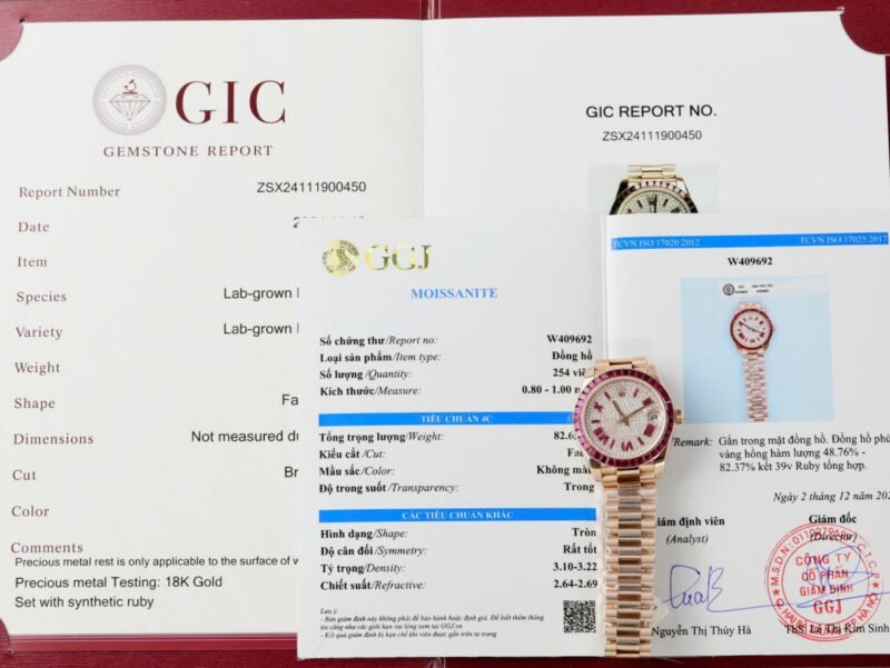 Rolex DateJust Women Custom Gold Wrapped + Ruby Baguette + Diamonds Moissanite 31mm - Đồng Hồ Replica 1:1