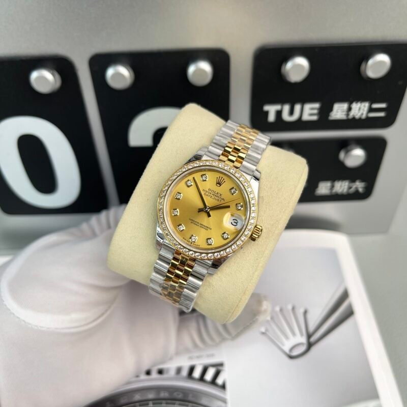 Rolex DateJust Women's Replica Watch With Stone Bezel Champagne Dial EW Factory 31mm - Đồng Hồ Replica 1:1