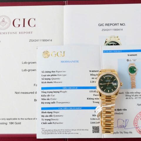 Rolex Day-Date Dial Green Replica Watch Gold Wrapped + Diamonds Moissanite Hong Kong 36mm - Đồng Hồ Replica 1:1