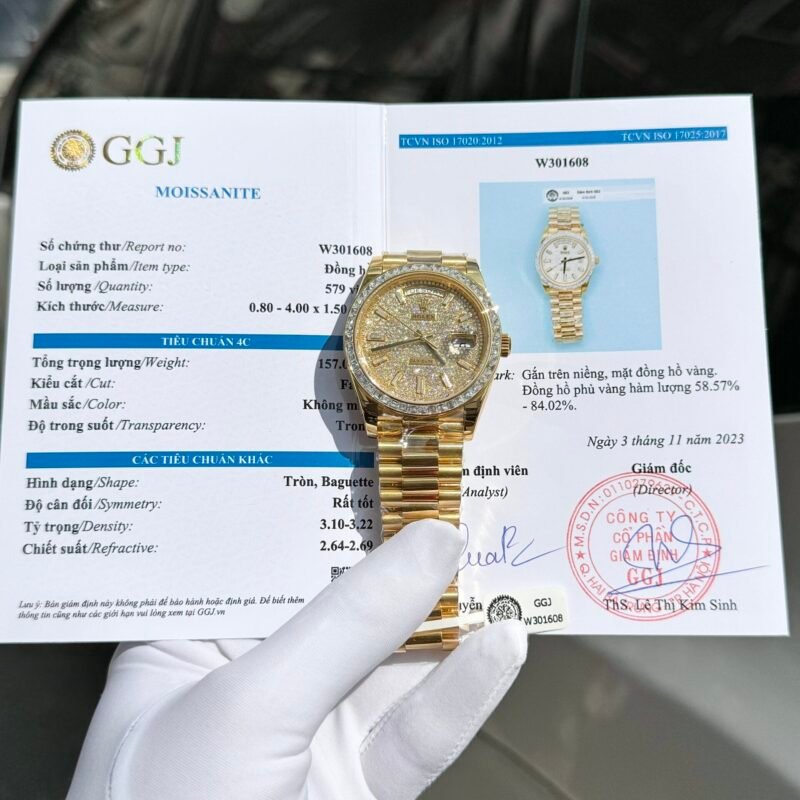 Rolex Day-Date Replica Watch Diamond Moissanite Baguette Gold Wrapped 40mm - Đồng Hồ Replica 1:1