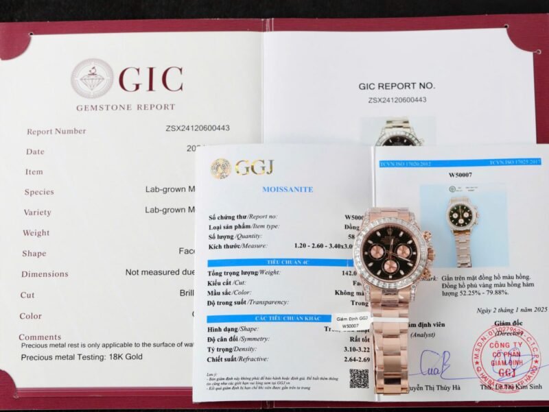 Rolex Daytona Dial Black Copies Watches Gold Wrapped + Diamonds Moissanite Baguette 40mm - Đồng Hồ Replica 1:1